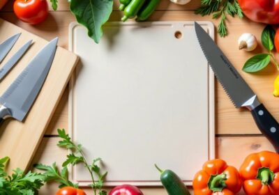 Colourful kitchen tools and fresh ingredients for cooking.