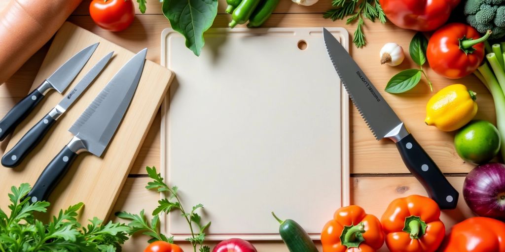 Colourful kitchen tools and fresh ingredients for cooking.