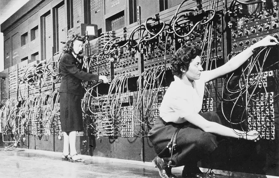 Historical photo of ENIAC or early computing machine