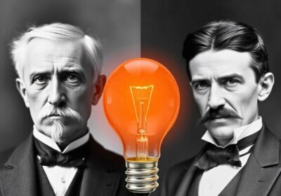 A split image showing Edison and Tesla with an incandescent bulb between them