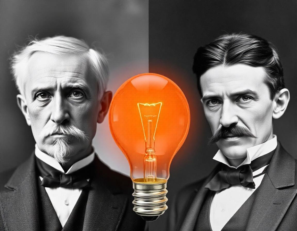 A split image showing Edison and Tesla with an incandescent bulb between them