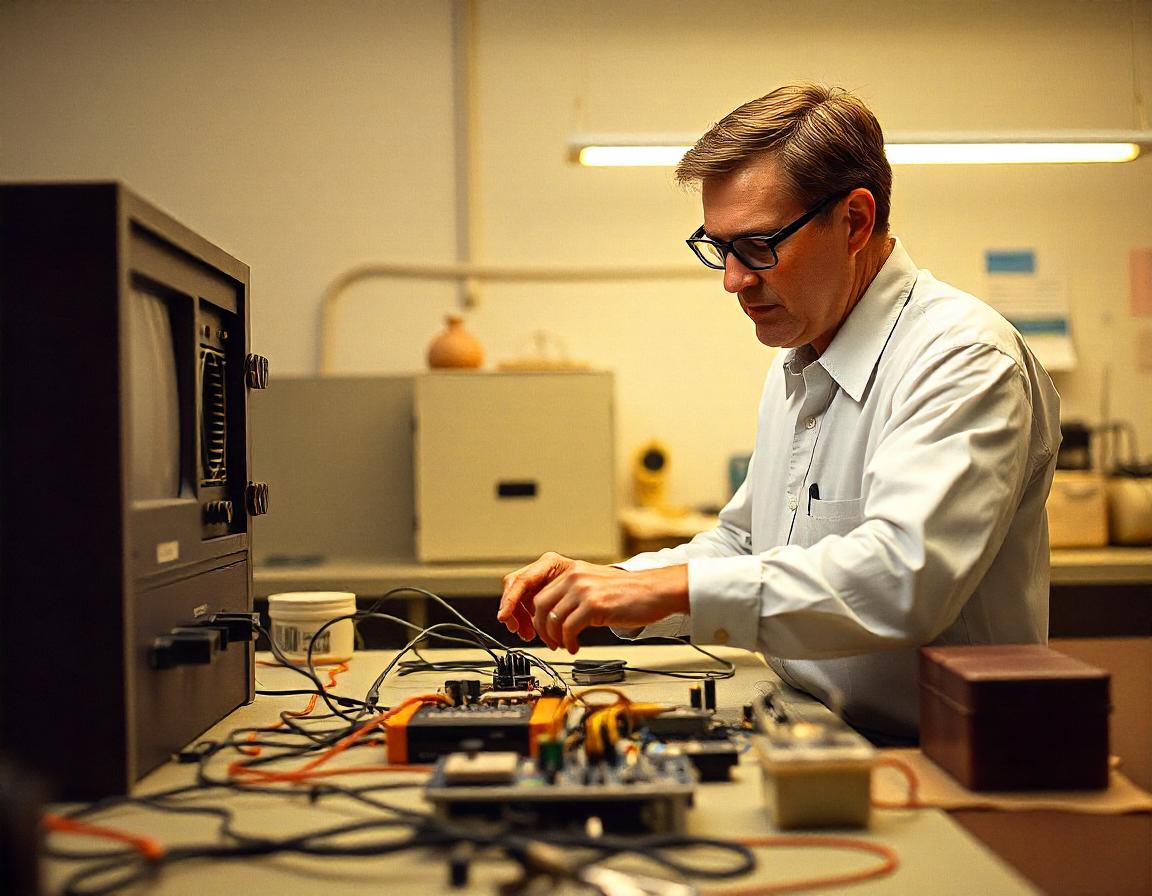 Ralph Baer working on the "Brown Box" prototype in his lab, circa 1967