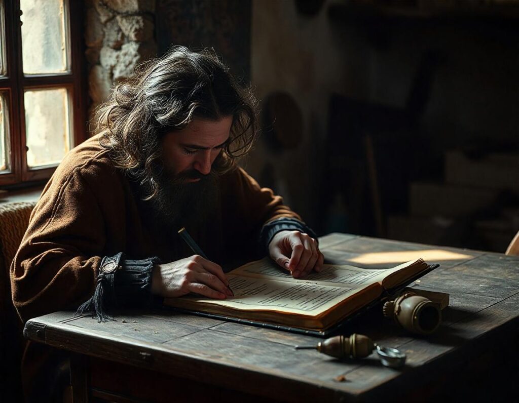 Medieval scribe working on manuscript