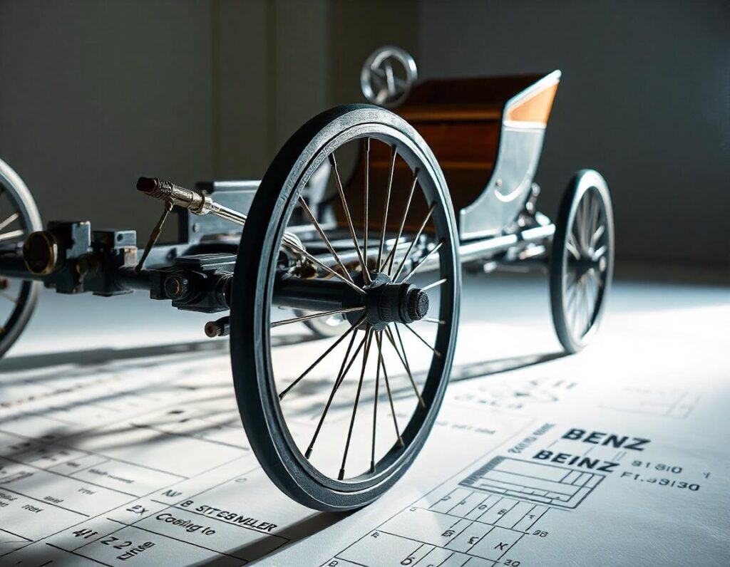 Technical drawing of the Benz Patent-Motorwagen's frame and wheel assembly